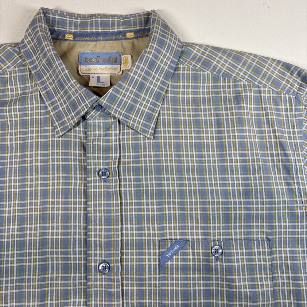 NWT Ecko Unltd Shirt Mens Large Blue Yellow Plaid Casual Button Upโ Minimalist